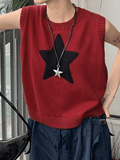 Tineit Star Jacquard Crew Neck Cropped Sweater Vest