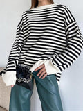 Tineit Stripe Drop Shoulder Slit Loose Sweater