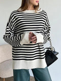 Tineit Stripe Drop Shoulder Slit Loose Sweater