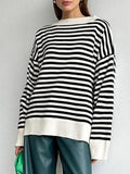 Tineit Stripe Drop Shoulder Slit Loose Sweater