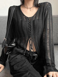 Tineit Tie Front Distressed Sheer Knit Top