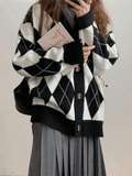 Tineit V Neck Argyle Pattern Knit Cardigan