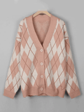 Tineit V Neck Argyle Pattern Knit Cardigan