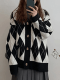 Tineit V Neck Argyle Pattern Knit Cardigan