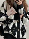 Tineit V Neck Argyle Pattern Knit Cardigan