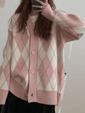 Tineit V Neck Argyle Pattern Knit Cardigan