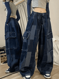 Tineit Vintage Blue Checkered Baggy Cargo Jeans