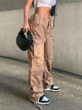 Tineit Vintage Multi Pocket Patched Cargo Jeans