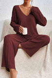 Tineit V Neck Ribbed Long Sleeve Two-Piece Set