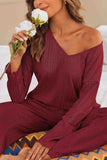 Tineit V Neck Ribbed Long Sleeve Two-Piece Set