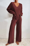 Tineit V Neck Ribbed Long Sleeve Two-Piece Set